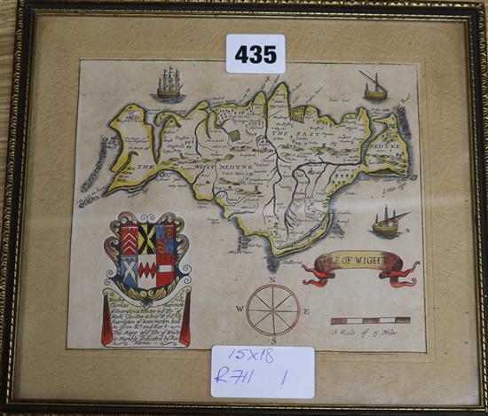 A coloured engraved map of the Isle of Wight, 15 x 18cm